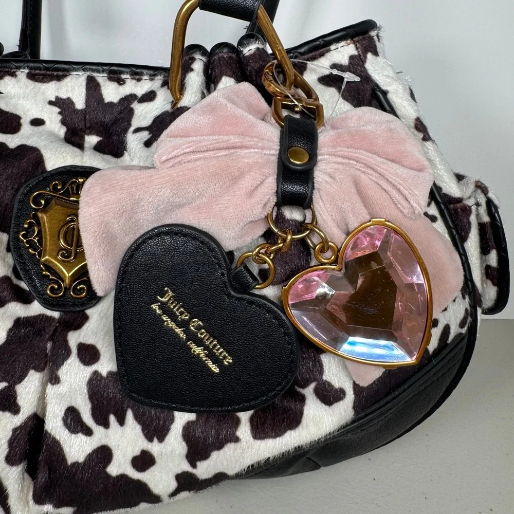 Juicy Couture Romance Cow Print Satchel Bag Faux Fur Pink Bow Heart Charm BW